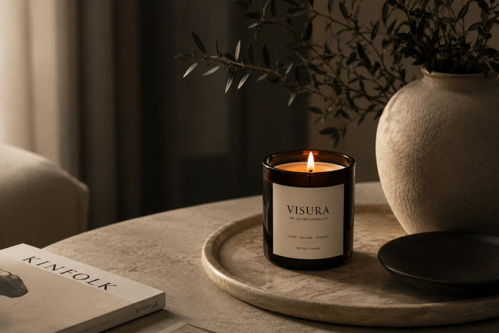 vela artesanal Visura en espacio cálido con diseño minimalista