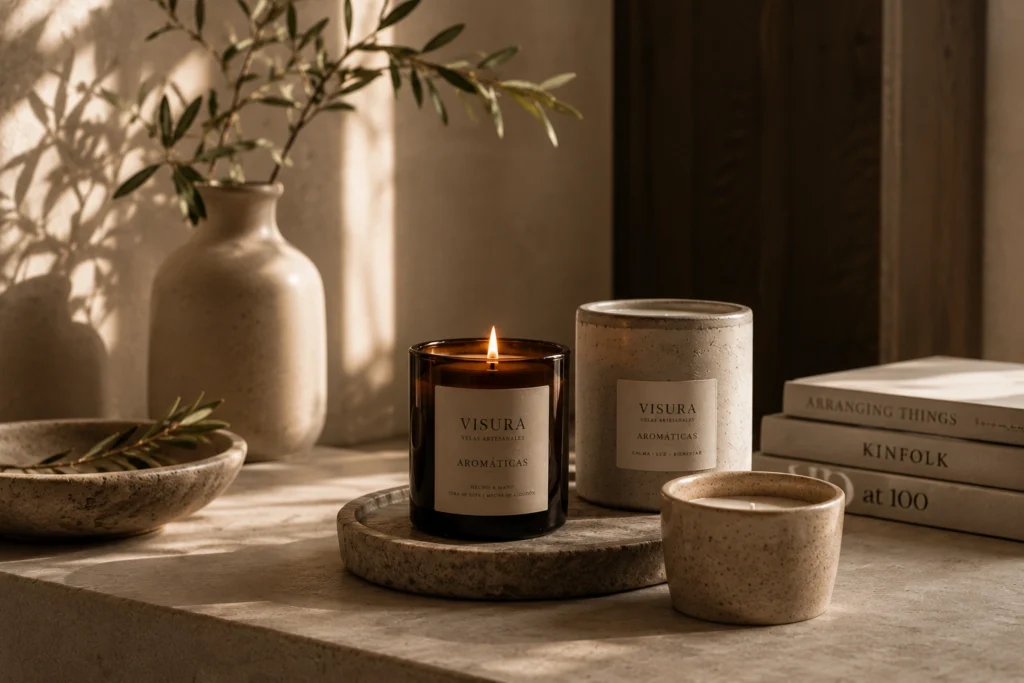 vela aromática artesanal Visura con diseño minimalista y decoración cálida