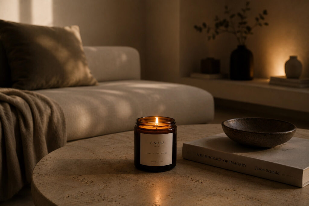 vela aromática en interior cálido y minimalista