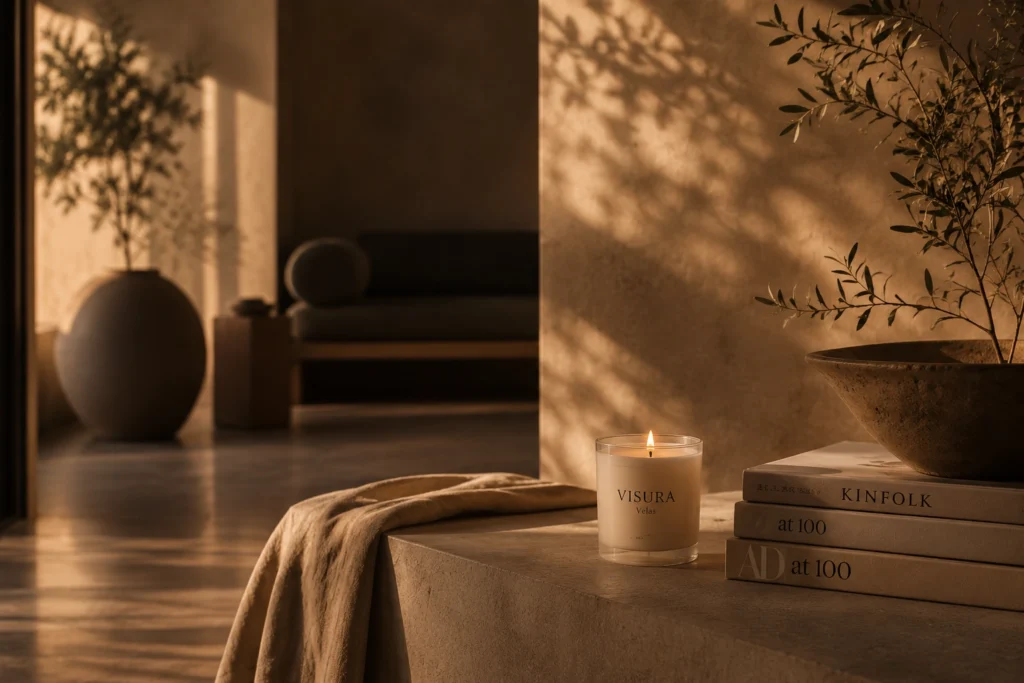 vela decorativa en espacio minimalista con luz cálida