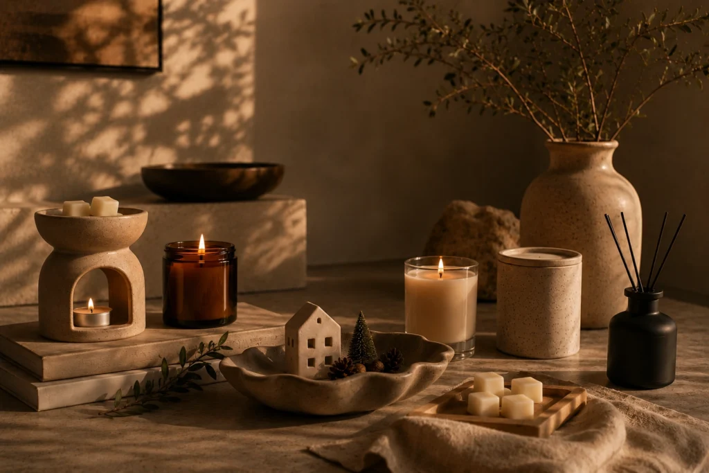 Colección de velas artesanales y aromáticas Visura con wax melts, quemadores y decoración cálida para el hogar