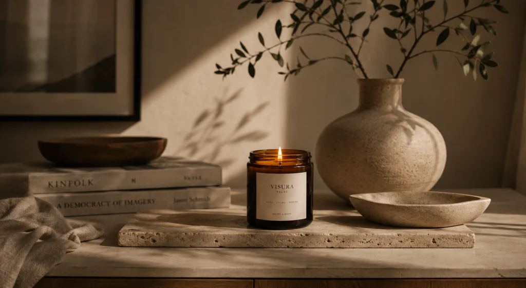 vela aromática decorativa en interior minimalista cálido