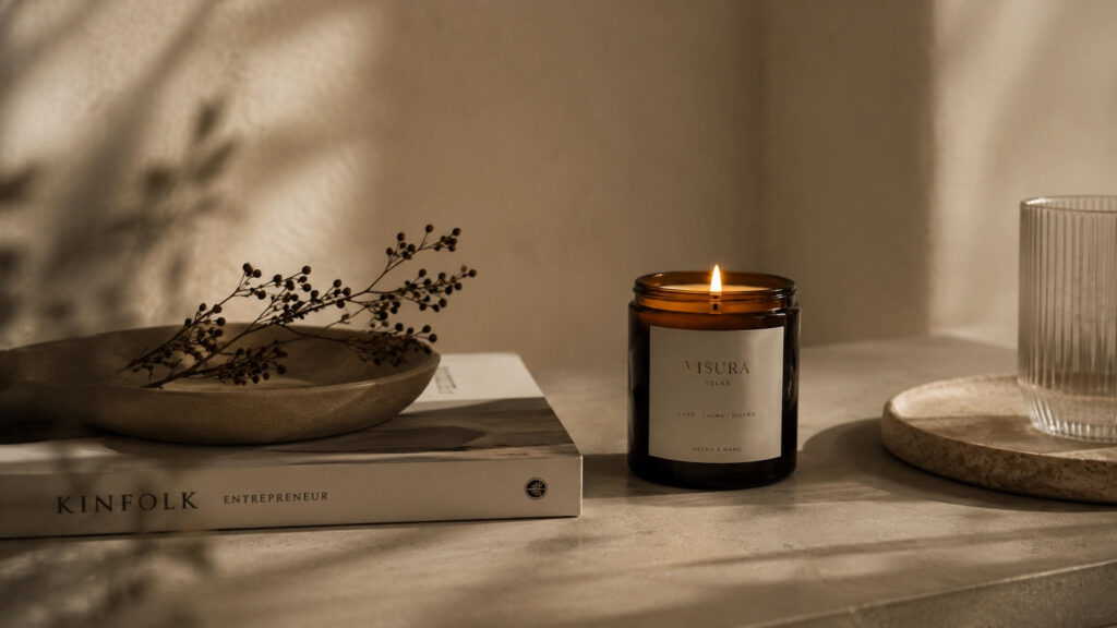 la-atmosfera-tambien-disena-un-espacio vela aromática artesanal sobre mesa minimalista con luz cálida