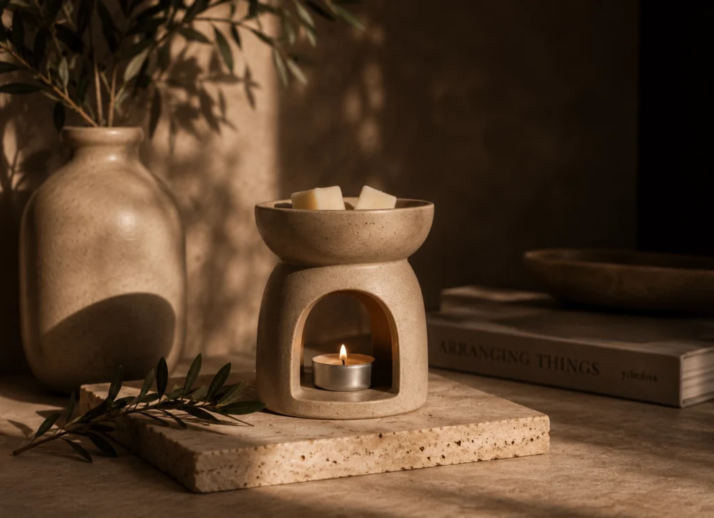 Quemador artesanal para wax melts en cerámica beige con luz cálida y decoración minimalista