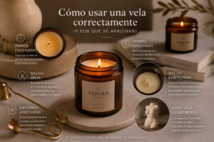 Vela aromática en contenedor mostrando recomendaciones para un uso correcto, incluyendo el primer encendido, recorte de mecha y prevención del efecto túnel.