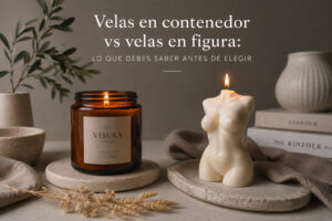 Comparación entre una vela aromática en contenedor y una vela decorativa en figura, mostrando sus diferencias de uso, diseño y comportamiento durante la combustión.