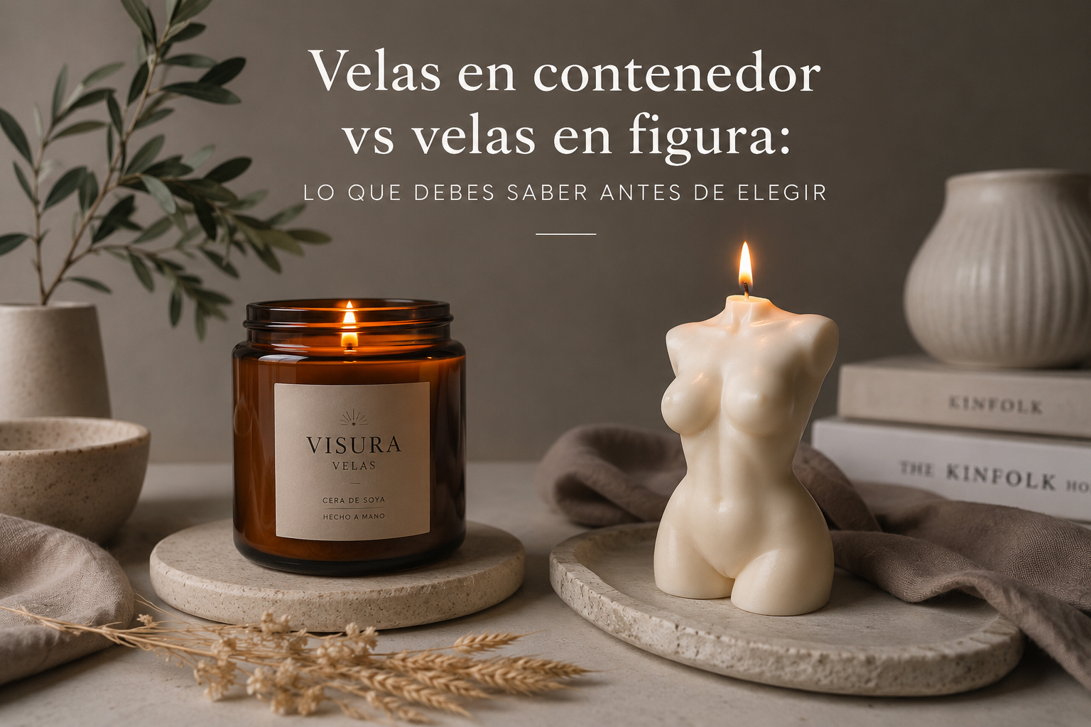 Comparación entre una vela aromática en contenedor y una vela decorativa en figura, mostrando sus diferencias de uso, diseño y comportamiento durante la combustión.